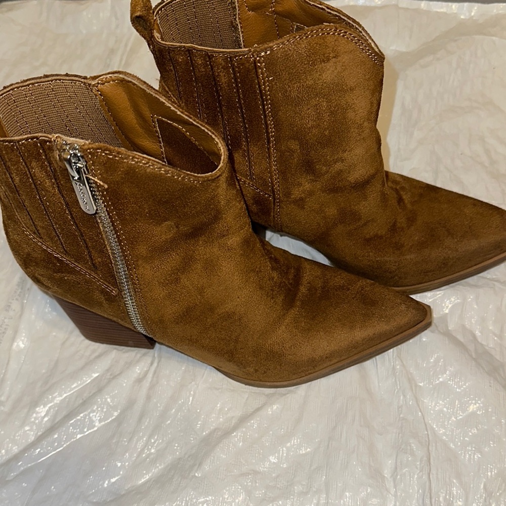 Indigo Brown Suede Ankle Boots with Stacked Heel